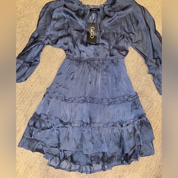 NWT Gigio Women's Blue Long Sleeve Pleated Fit & Flare Dress Size Small - Picture 2 of 4